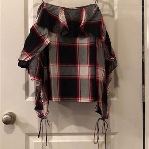 Loft cold shoulder red and black tie sleeve top